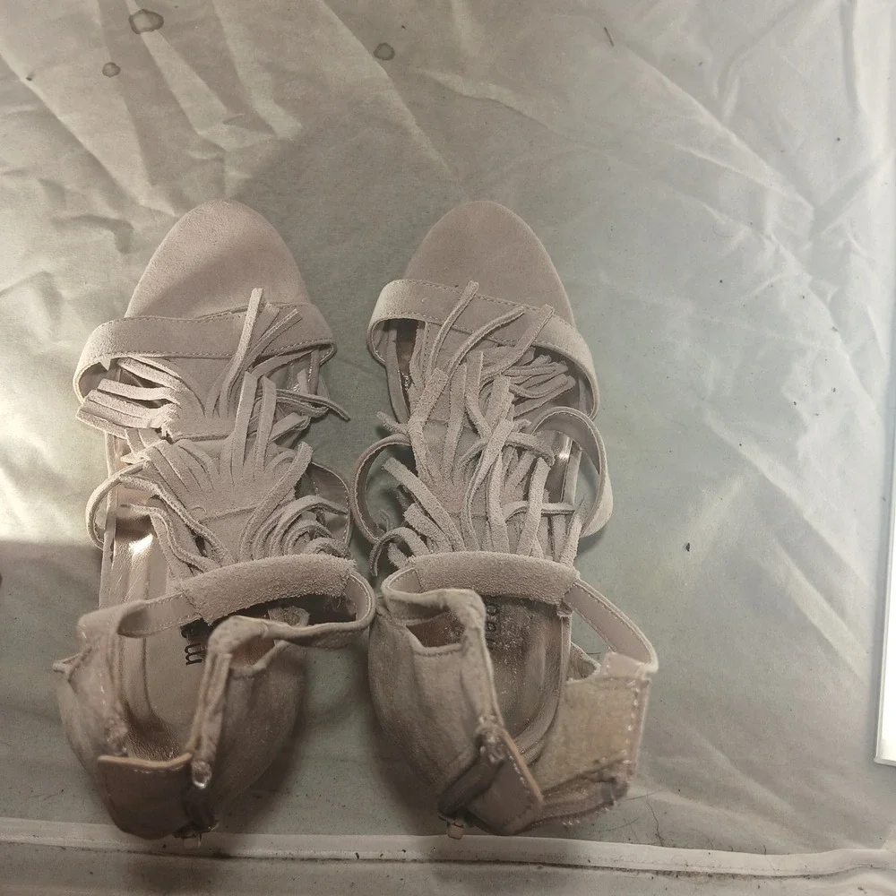 Madden Girl Demmi‎ Sandal 8.5 Taupe Fringe Stiletto Boho Festival High Heel